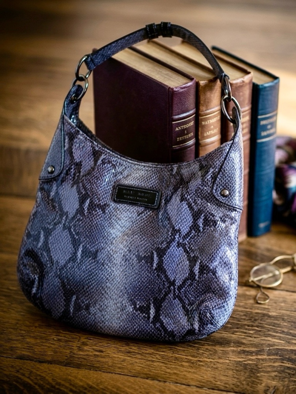Nine West Faux Snakeskin Shoulder Bag Grey Purple Textured Hobo